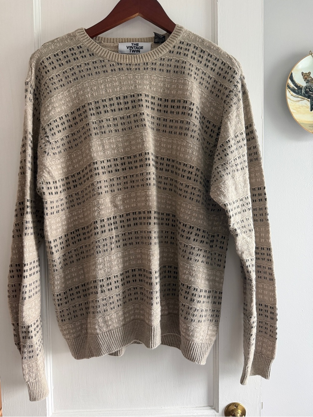 The Vintage Twin Men's Beige Patterned Crewneck Sweater